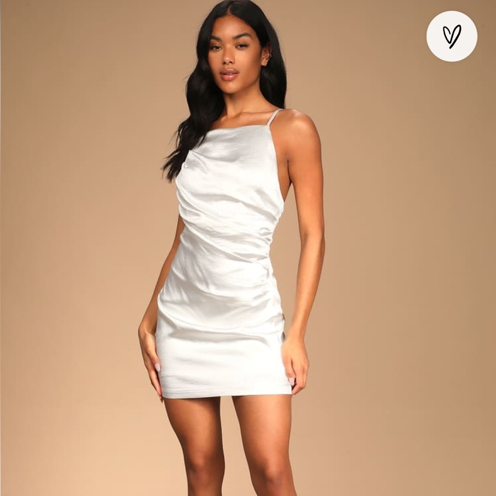 Lulu’s Captivated by Love White Satin Ruched Bodycon Mini Dress - NWT Medium